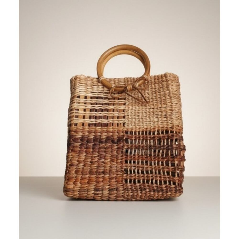 Handwoven Straw Tote Bag Wooden Ring Handles 11” Market Purse Philippines - Picture 2 of 6
